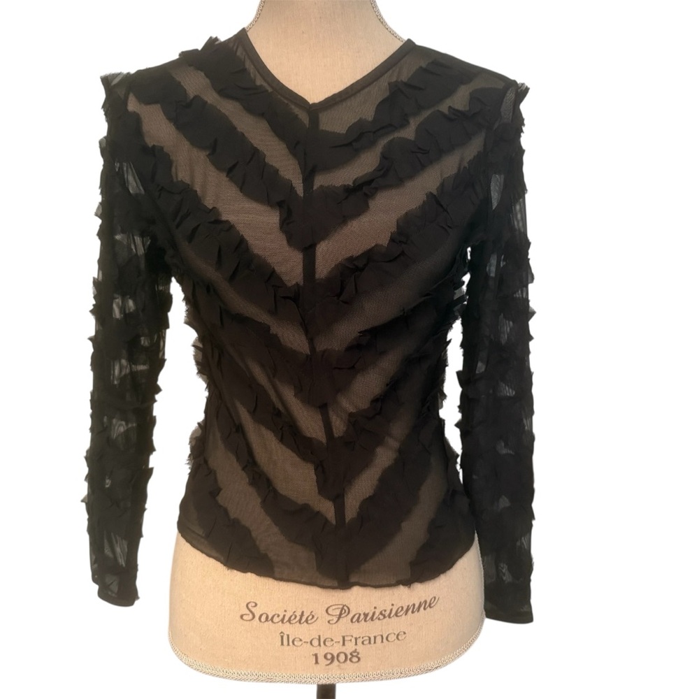 FLORA NIKROOS NEW Black Ruffled Sheer Top blouse tee long sleeve Size S USA